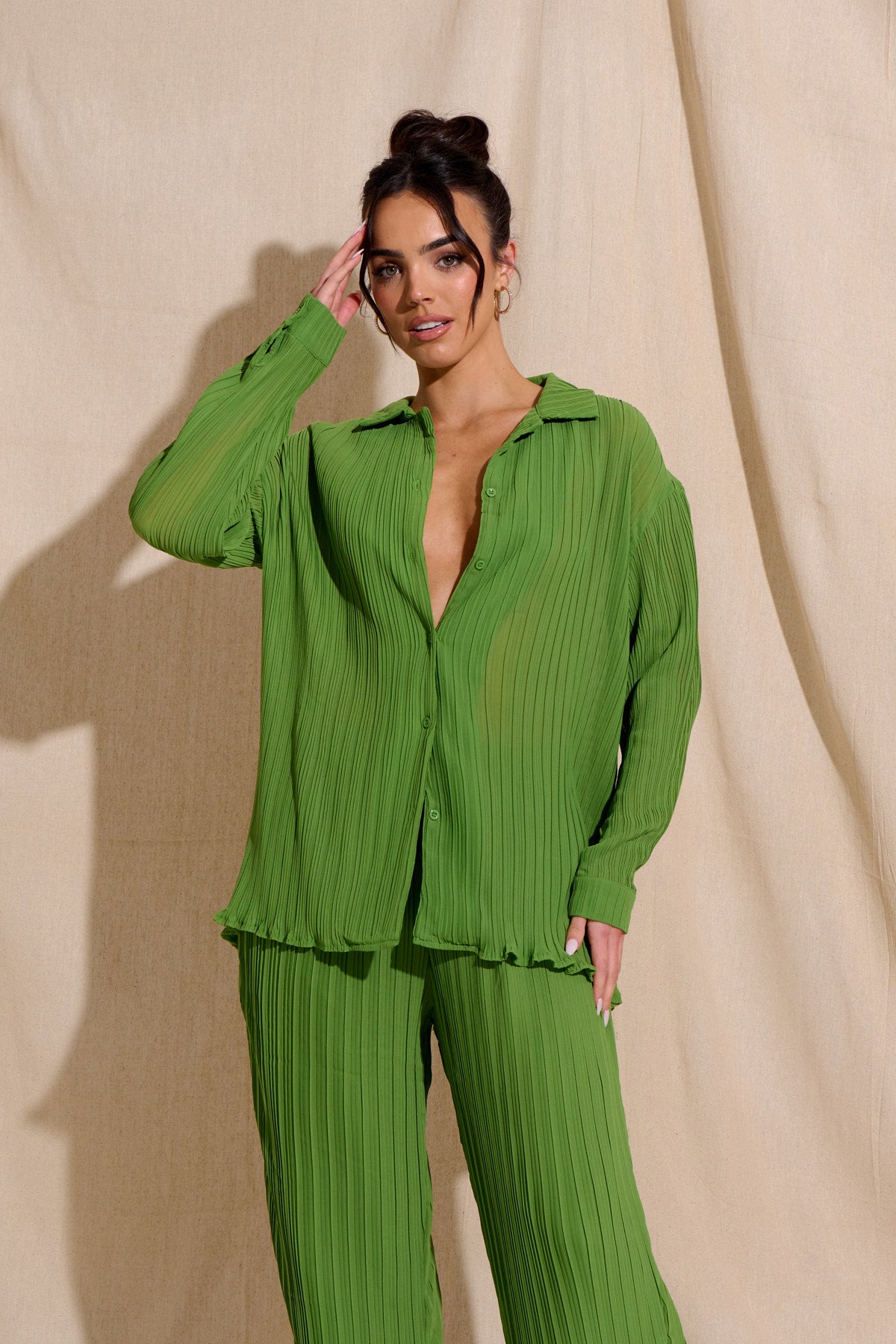 CHIA Green Plisse Top & Trouser Set