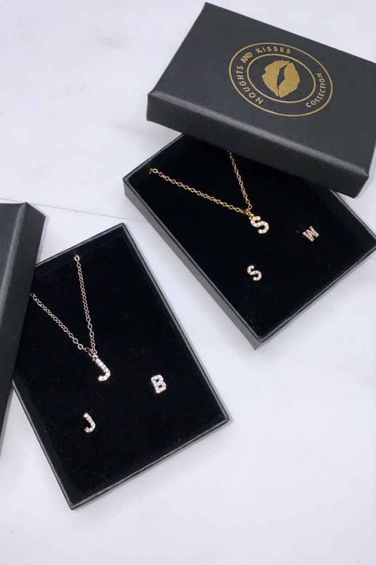 Initial Crystal Earrings & Necklace Set / Silver