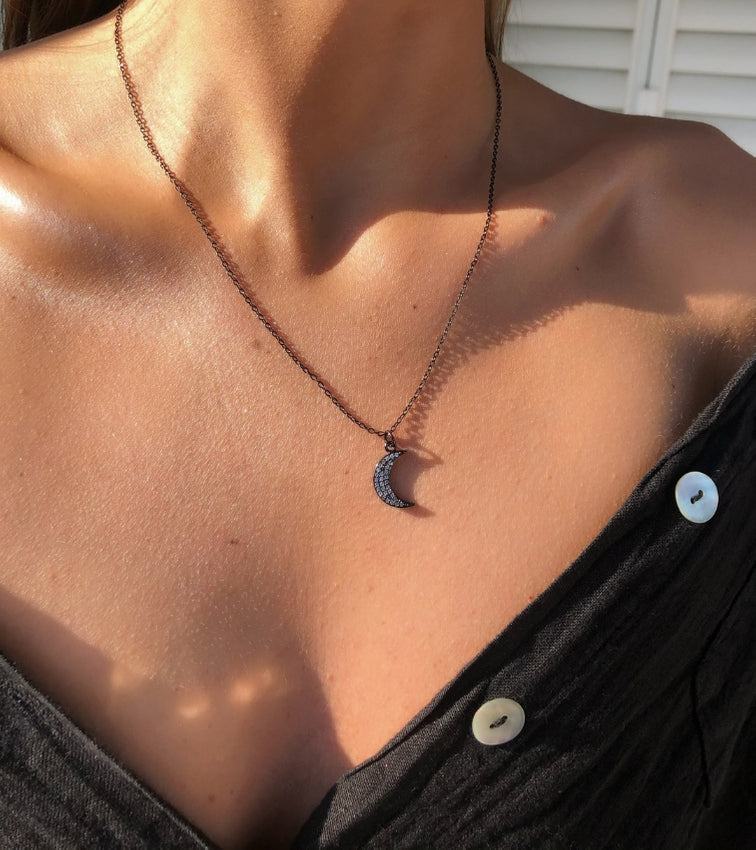 Mini Moon Black Necklace - noughts&kisses