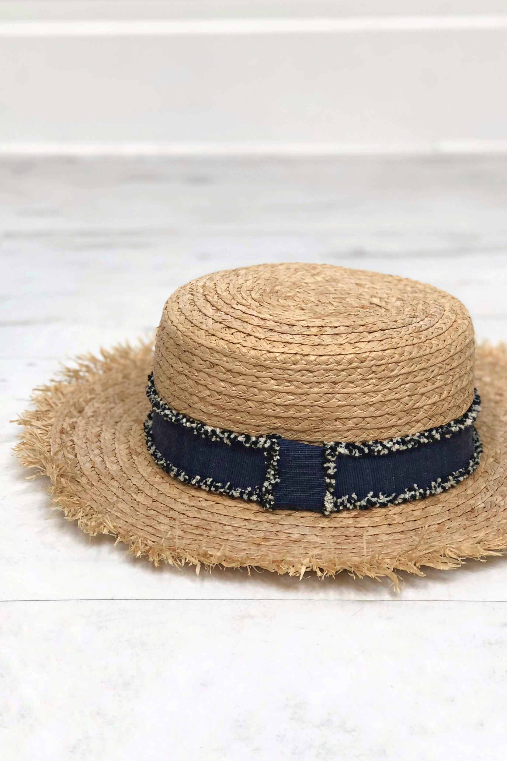 Frayed Beige Boater Hat Navy Ribbon