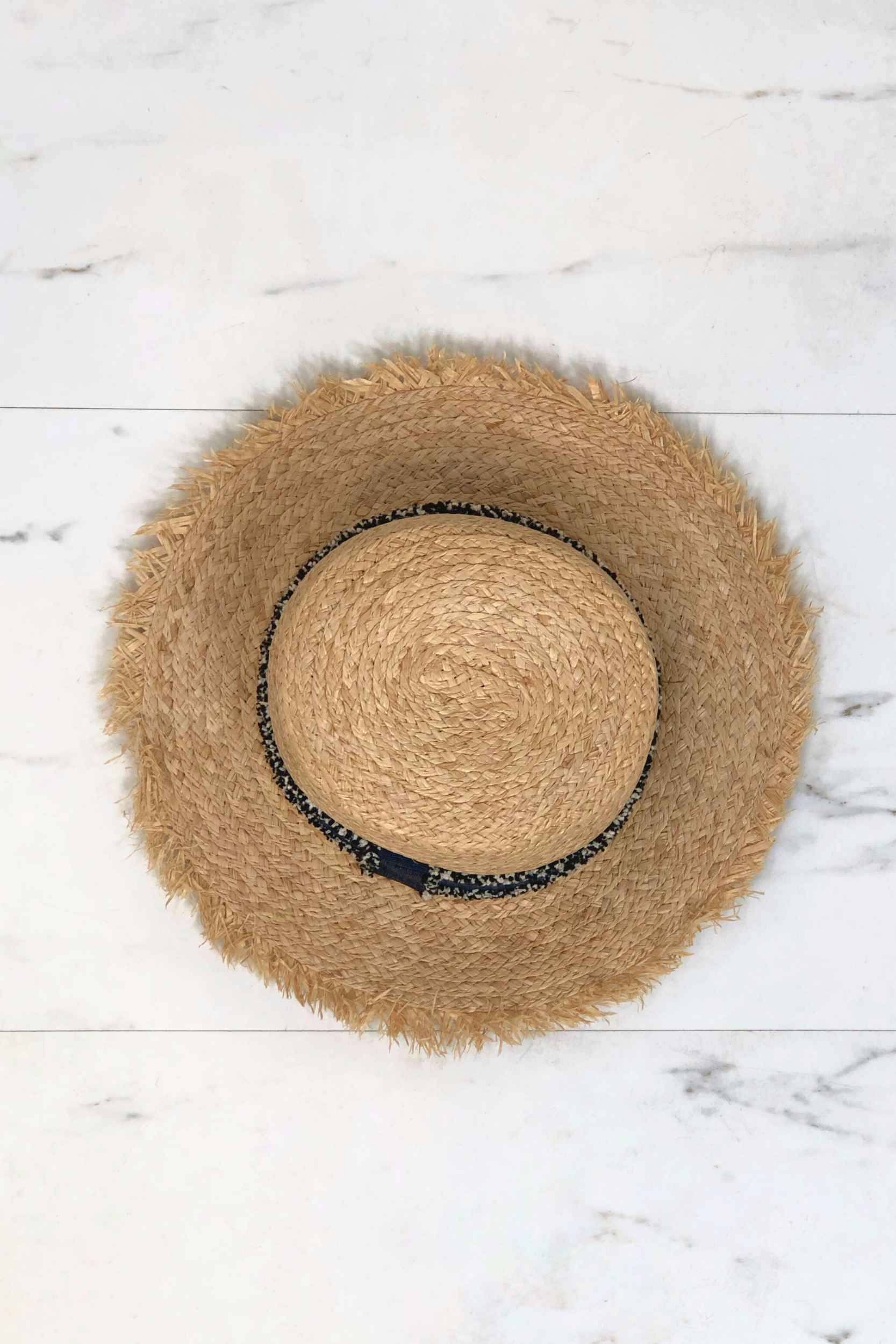 Frayed Beige Boater Hat Navy Ribbon