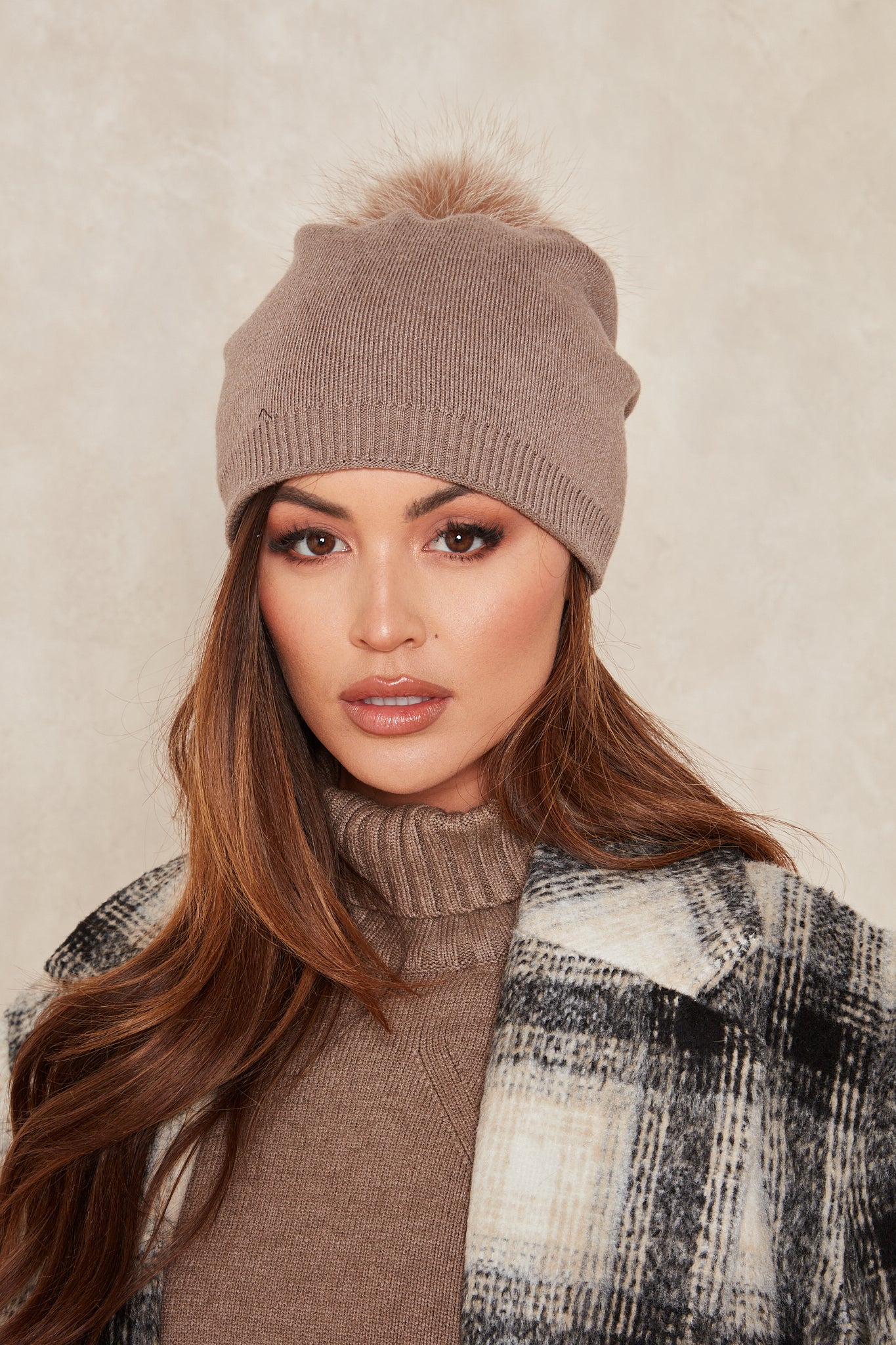 Taupe / Coffee Fox Fur Bobble Beanie