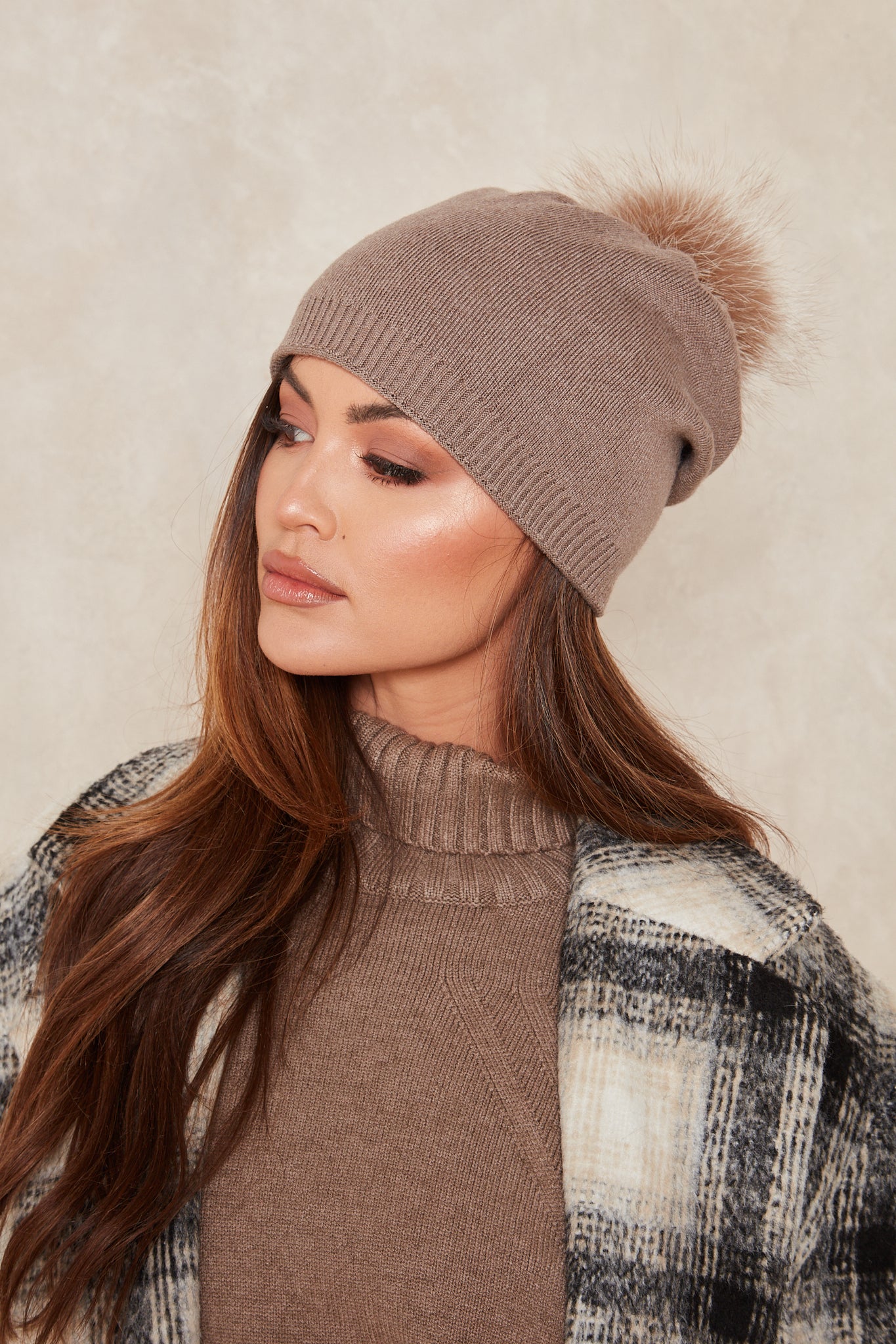 Taupe / Coffee Fox Fur Bobble Beanie