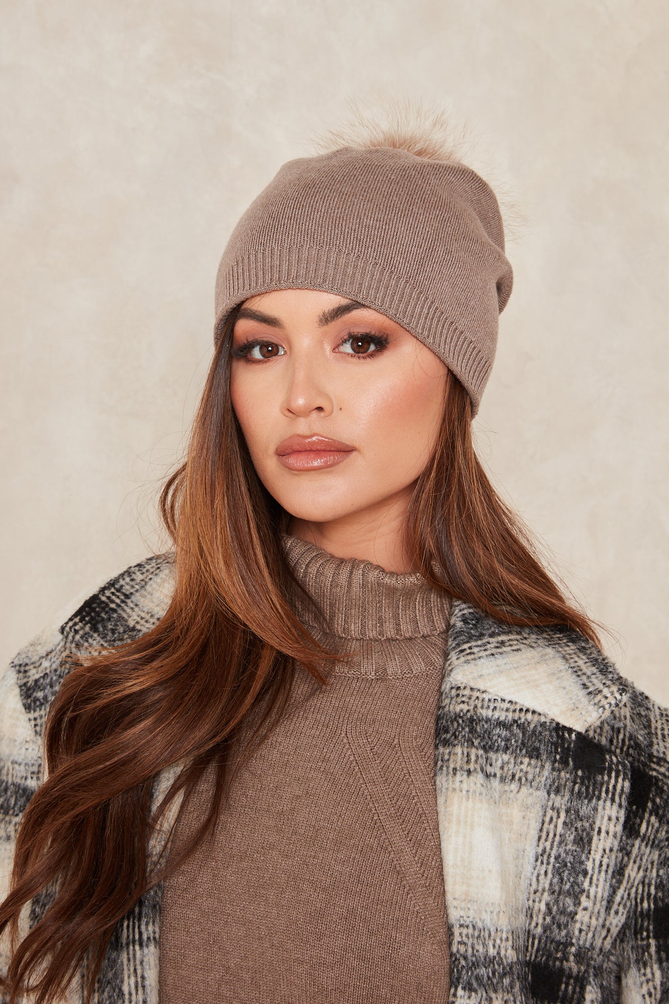 Taupe / Coffee Fox Fur Bobble Beanie