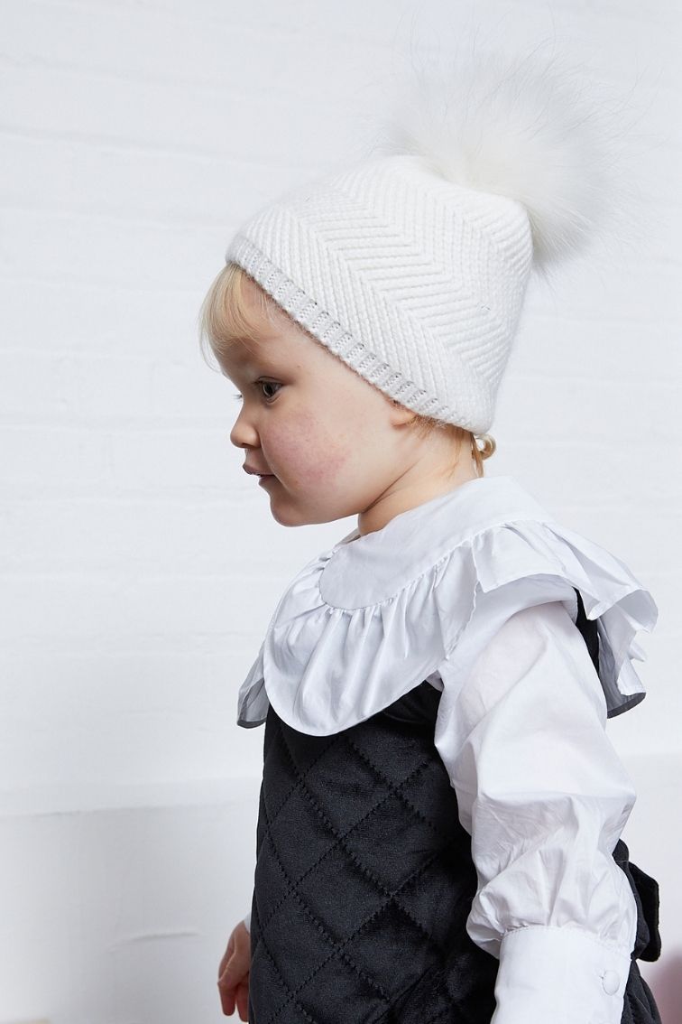 KIDS White / White Cable Knit Bobble Hat