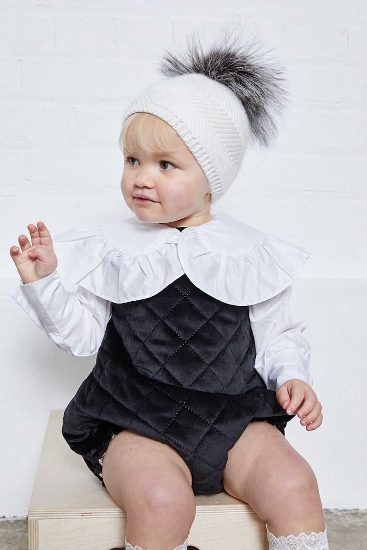 KIDS White / Silver Fox Cable Knit Bobble Hat