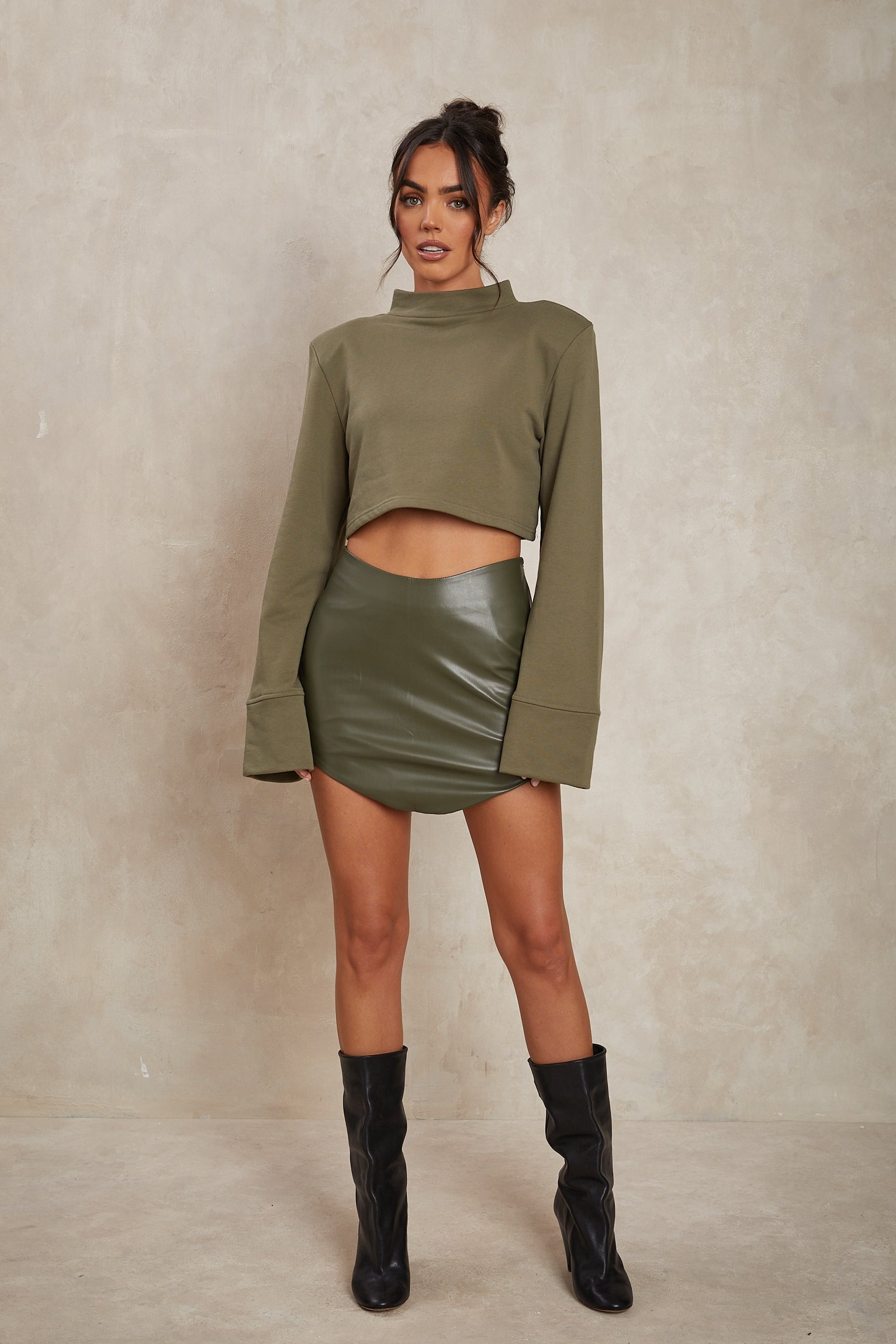 LARA Khaki PU Leather Mini Skirt