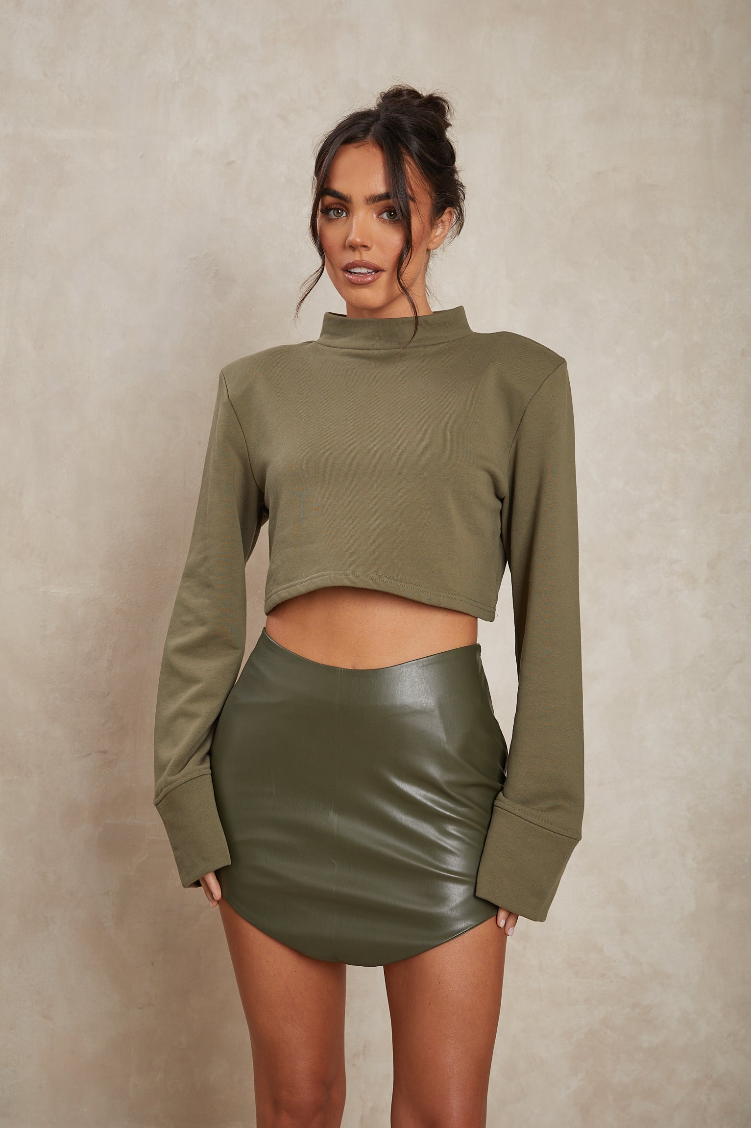 LARA Khaki PU Leather Mini Skirt