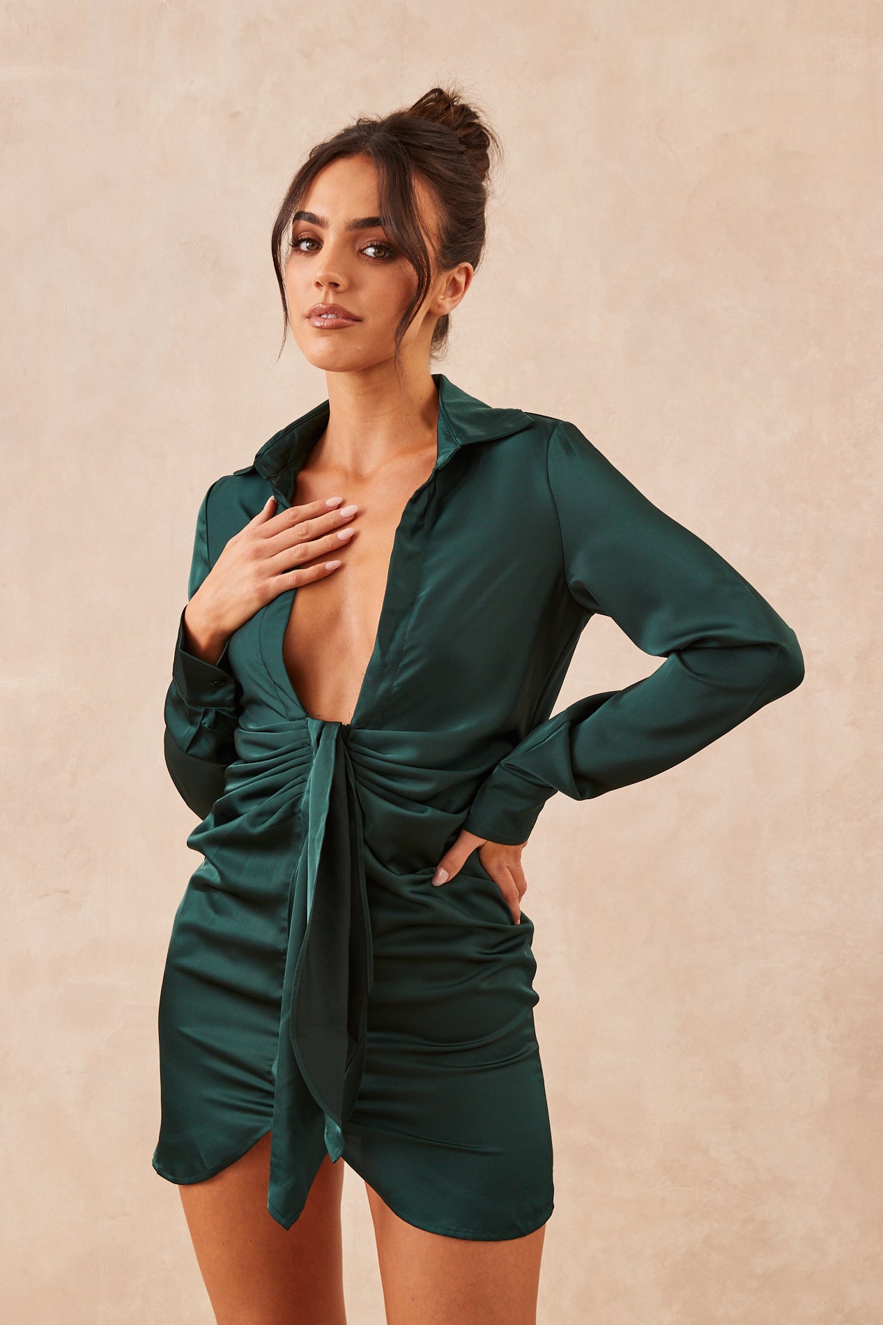 GIANNA Deep Green Satin Knot Dress