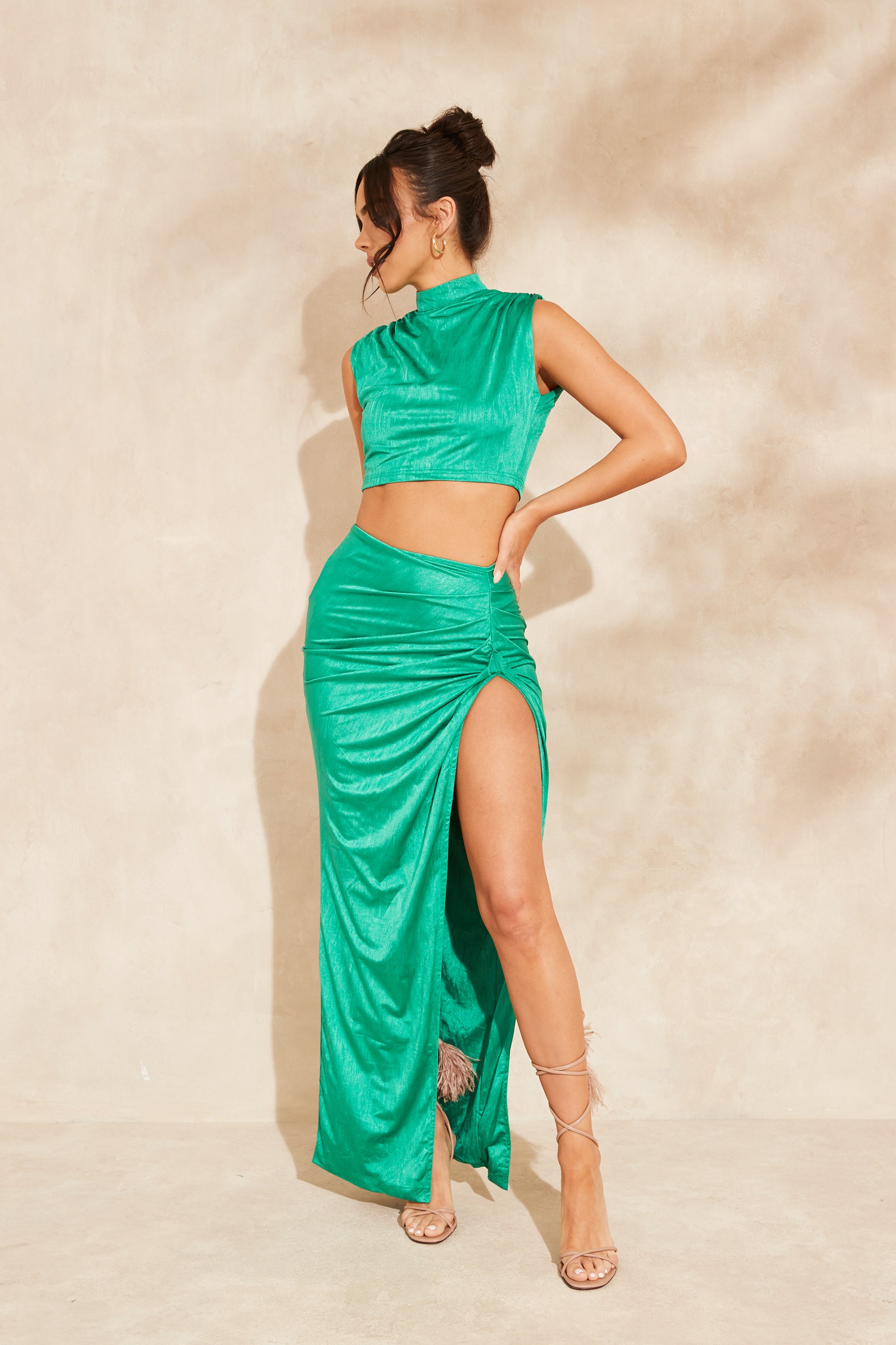 CASSIE Green Pleated Maxi Skirt Co-Ord